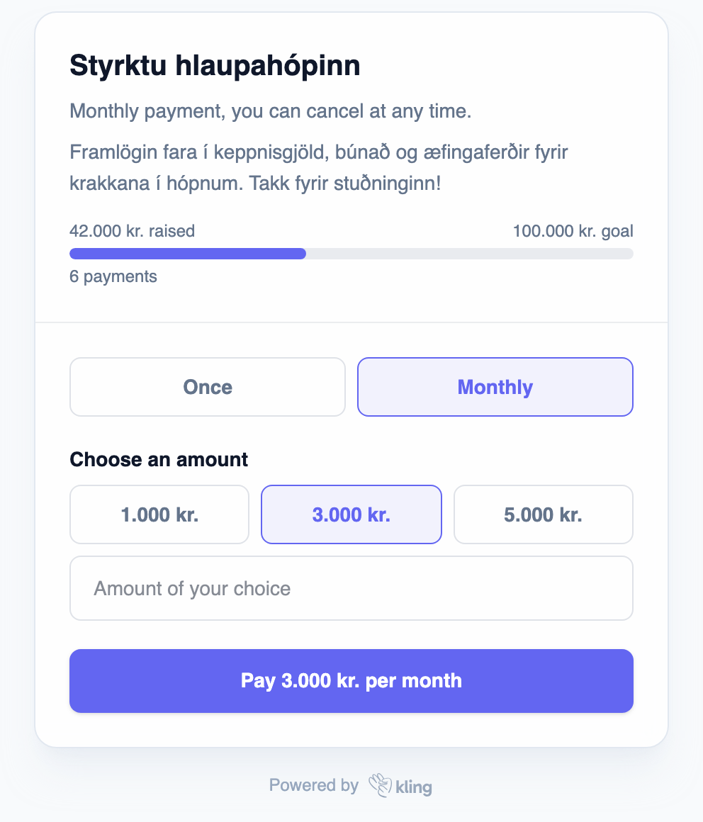 A contributions page where the donor chooses once or monthly, with a goal bar showing 42.000 of 100.000 kr. raised