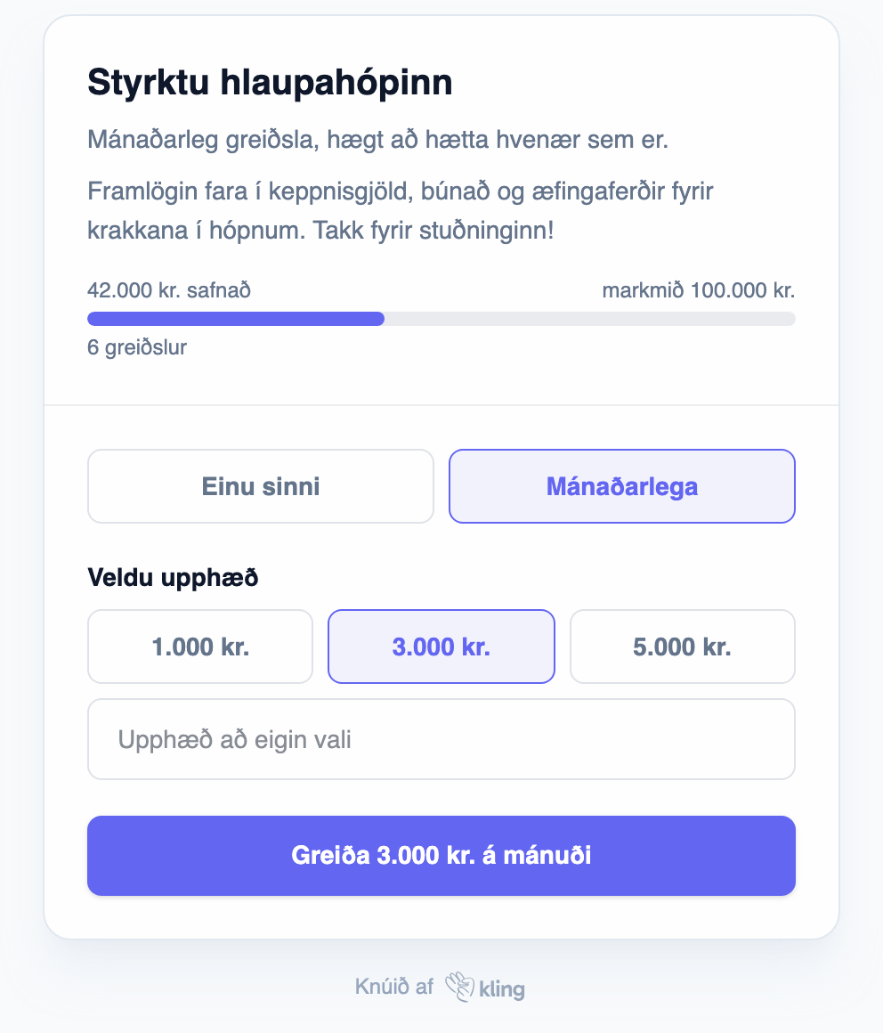 Greiðslusíða fyrir frjáls framlög þar sem greiðandi velur stakt framlag eða mánaðarlegt, með markmiðamæli sem sýnir 42.000 af 100.000 kr.