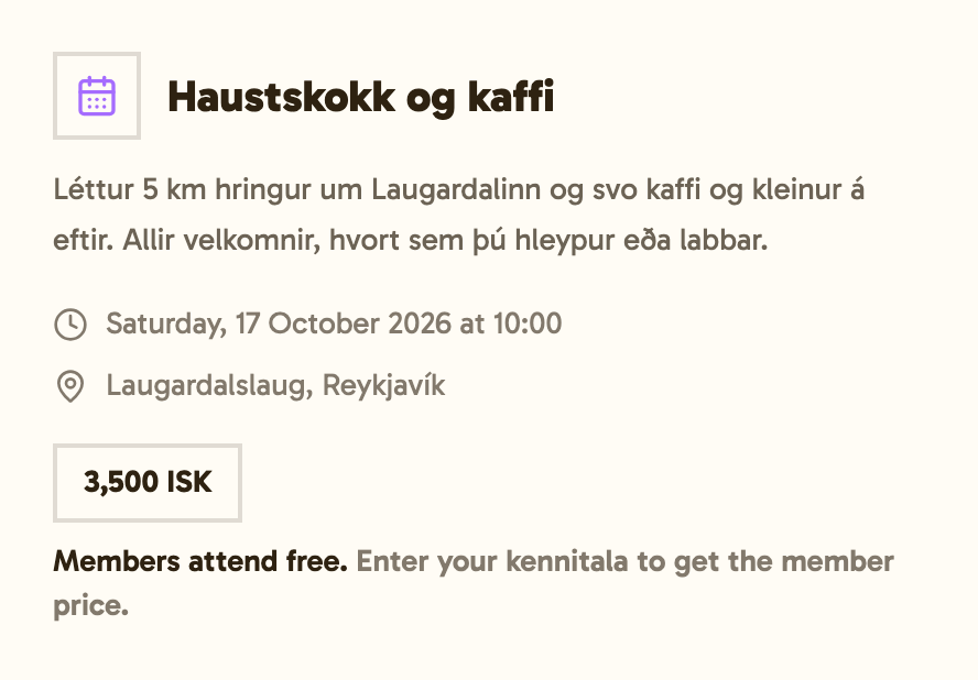 An event page priced at 3.500 kr. that tells visitors members attend free and to enter their kennitala for the member price