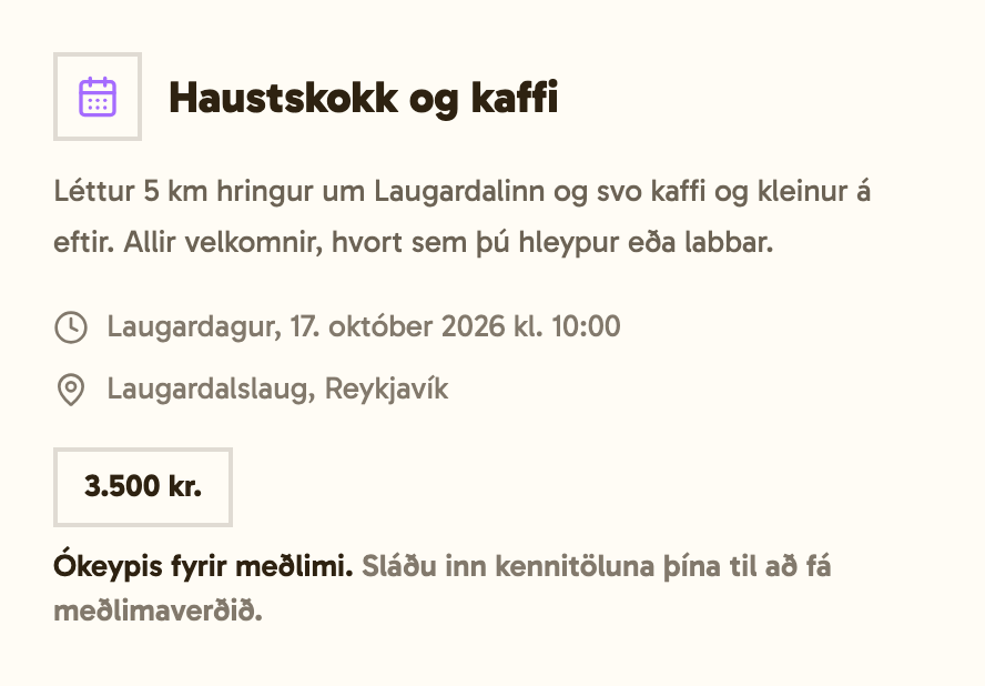 Viðburðasíða á 3.500 kr. sem segir að meðlimir fái frítt og biður um kennitölu til að fá meðlimaverð