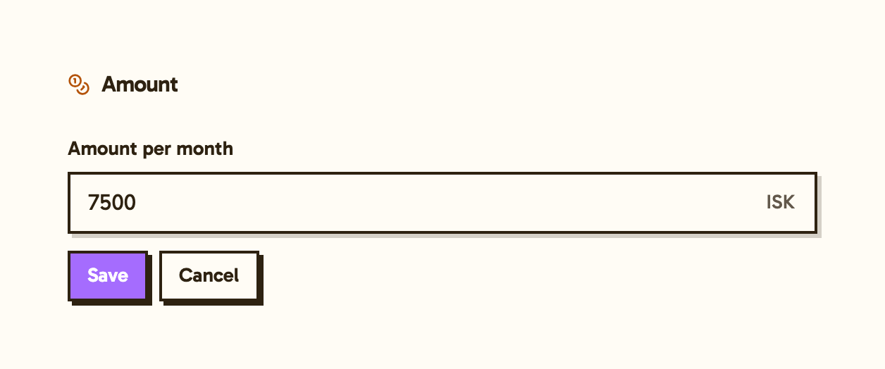 The amount editor on a subscription, with a new monthly amount of 7500 ISK and a Save button